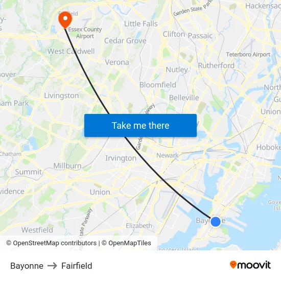 Bayonne to Fairfield map