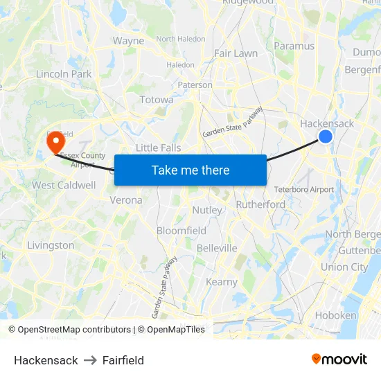 Hackensack to Fairfield map