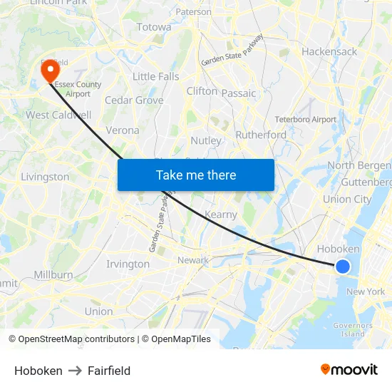 Hoboken to Fairfield map
