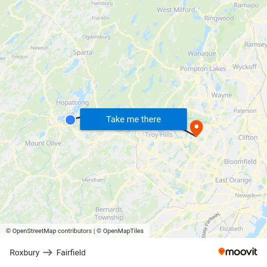 Roxbury to Fairfield map