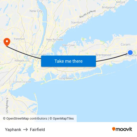 Yaphank to Fairfield map