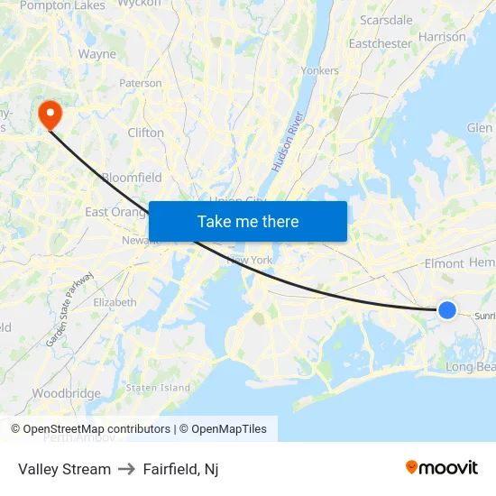 Valley Stream to Fairfield, Nj map