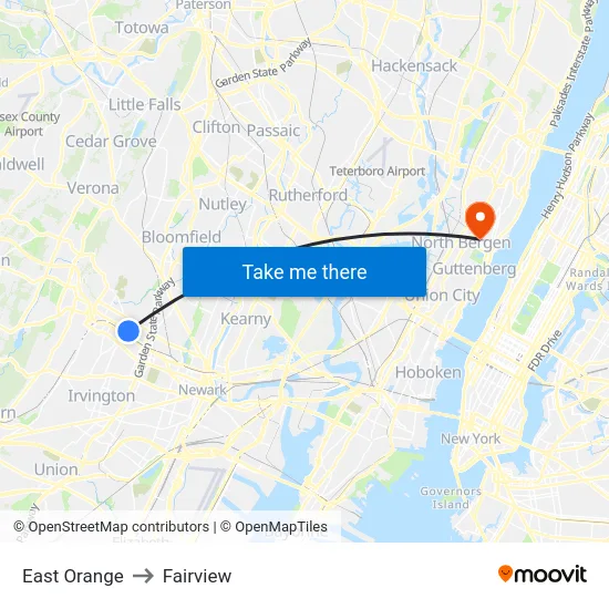 East Orange to Fairview map