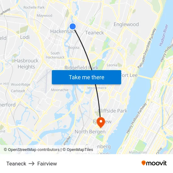 Teaneck to Fairview map