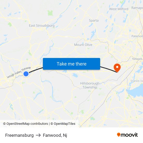 Freemansburg to Fanwood, Nj map