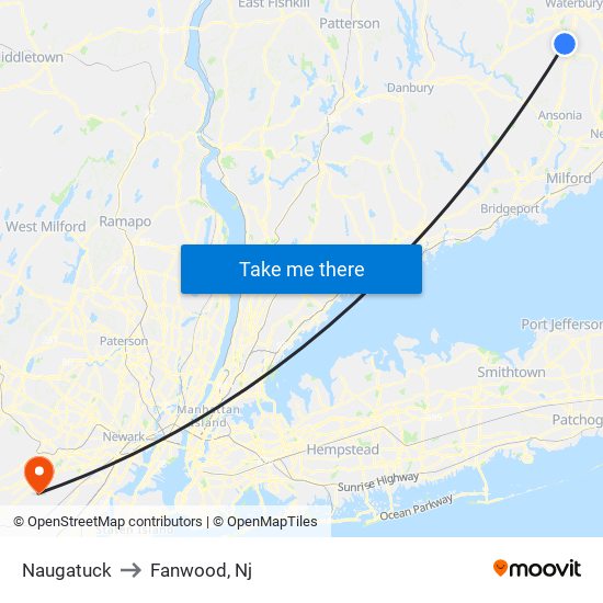 Naugatuck to Fanwood, Nj map