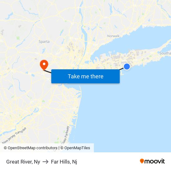 Great River, Ny to Far Hills, Nj map