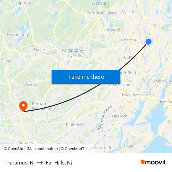 Paramus, Nj to Far Hills, Nj map