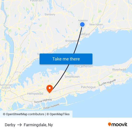 Derby to Farmingdale, Ny map