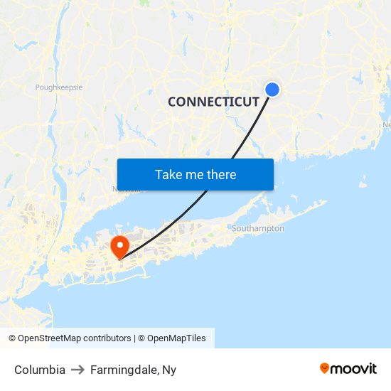 Columbia to Farmingdale, Ny map