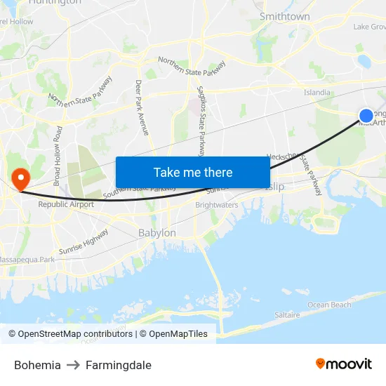 Bohemia to Farmingdale map