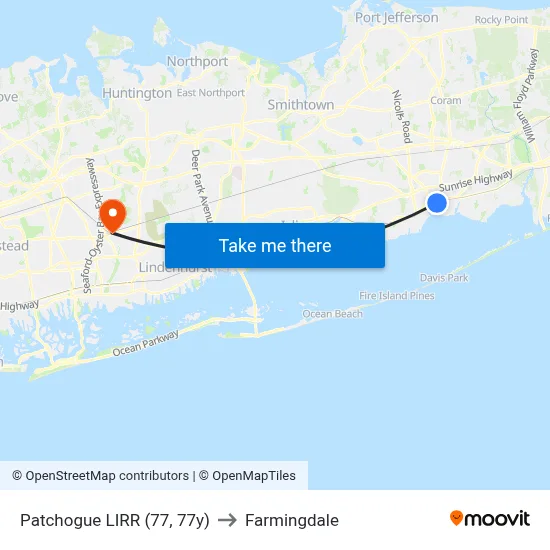 Patchogue LIRR (77, 77y) to Farmingdale map