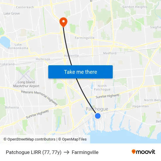 Patchogue LIRR (77, 77y) to Farmingville map