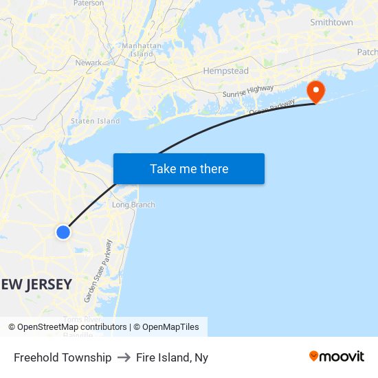 Freehold Township to Fire Island, Ny map