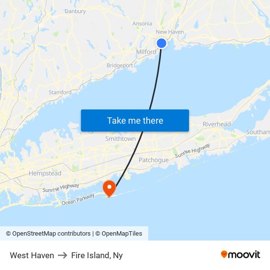 West Haven to Fire Island, Ny map