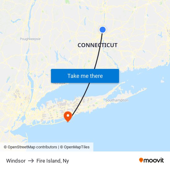 Windsor to Fire Island, Ny map