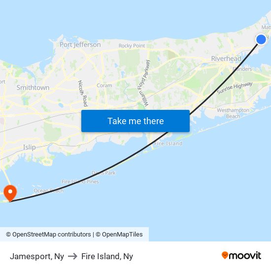 Jamesport, Ny to Fire Island, Ny map