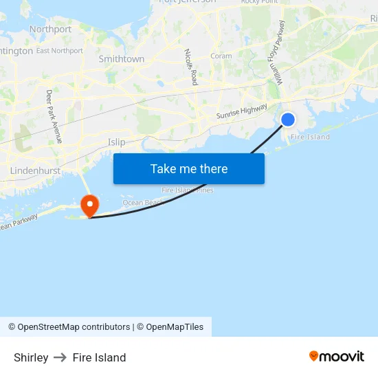 Shirley to Fire Island map