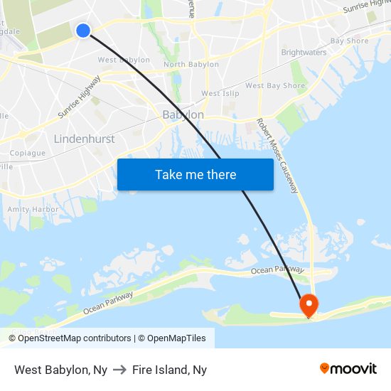 West Babylon, Ny to Fire Island, Ny map