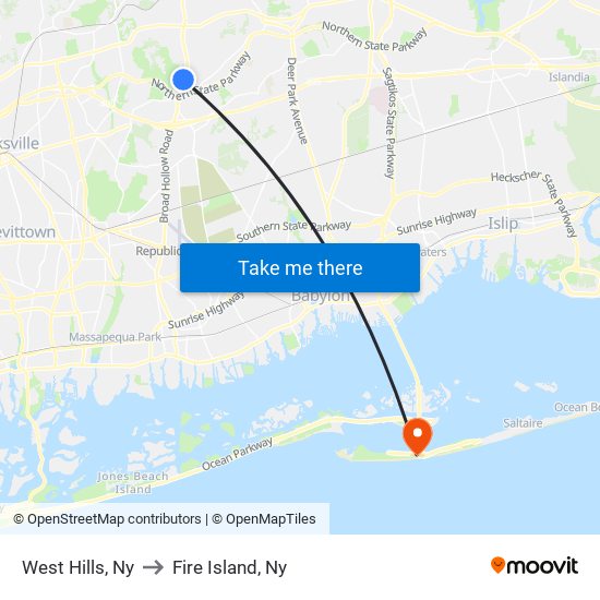 West Hills, Ny to Fire Island, Ny map