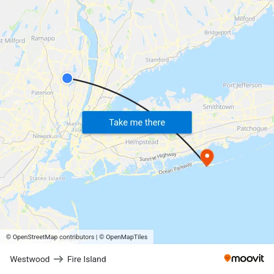 Westwood to Fire Island map
