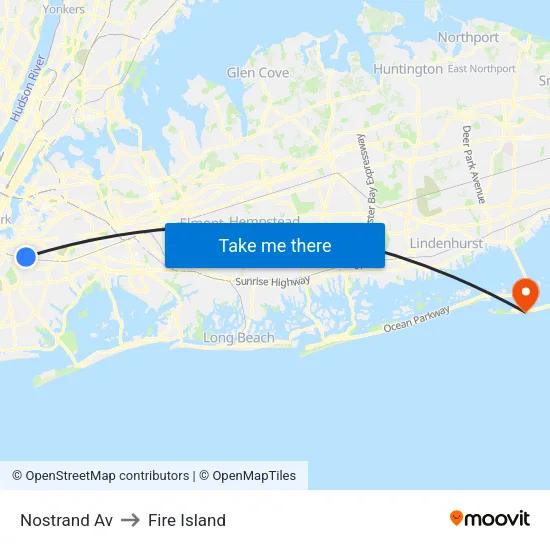 Nostrand Av to Fire Island map