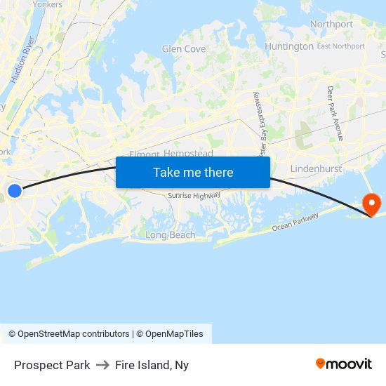 Prospect Park to Fire Island, Ny map