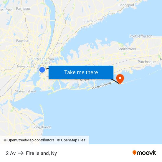 2 Av to Fire Island, Ny map