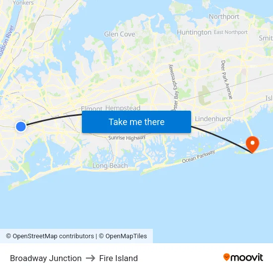 Broadway Junction to Fire Island map