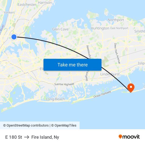 E 180 St to Fire Island, Ny map