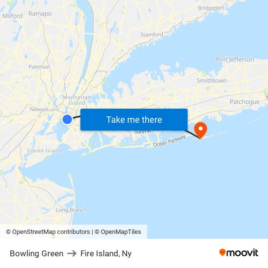 Bowling Green to Fire Island, Ny map