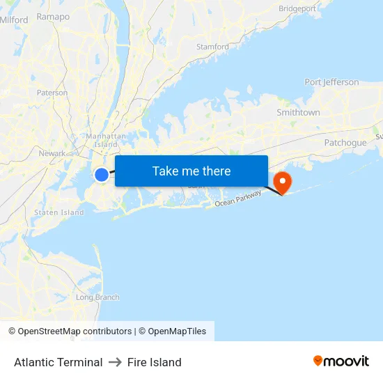 Atlantic Terminal to Fire Island map