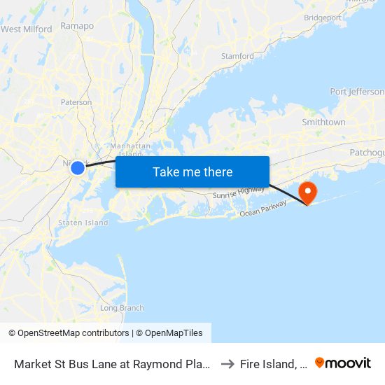 Market St Bus Lane at Raymond Plaza W to Fire Island, Ny map