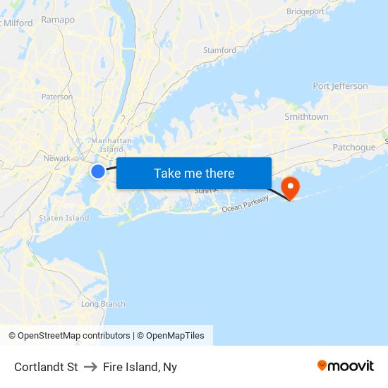 Cortlandt St to Fire Island, Ny map