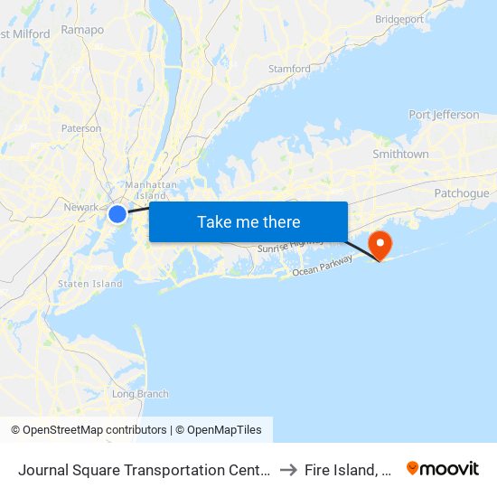 Journal Square Transportation Center to Fire Island, Ny map