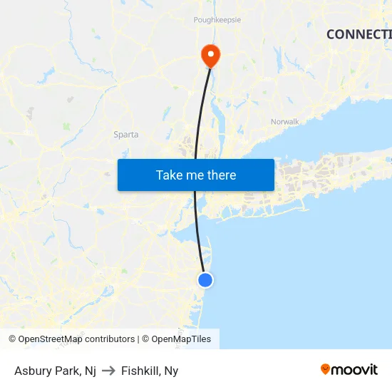 Asbury Park to Fishkill, Ny map