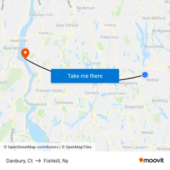 Danbury to Fishkill, Ny map