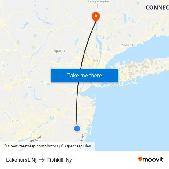 Lakehurst to Fishkill, Ny map