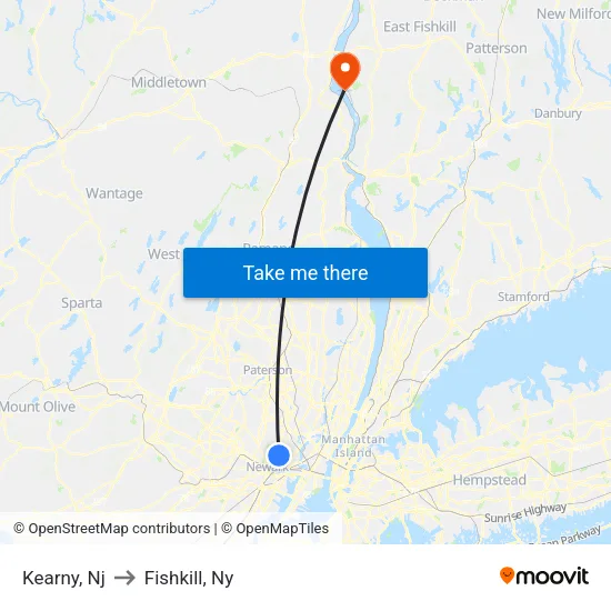Kearny to Fishkill, Ny map