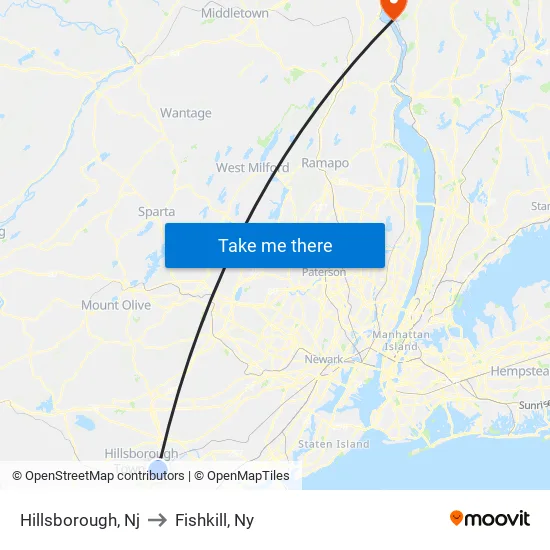 Hillsborough to Fishkill, Ny map