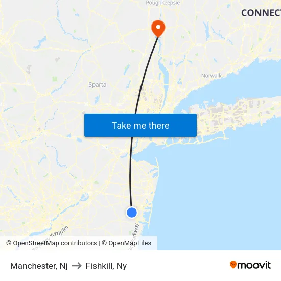 Manchester to Fishkill, Ny map