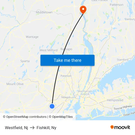 Westfield to Fishkill, Ny map