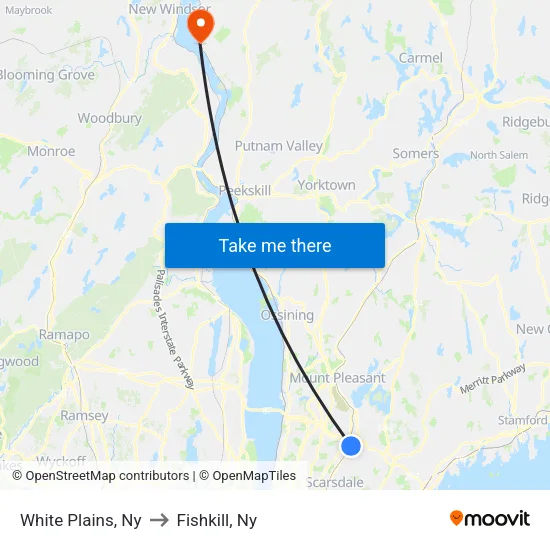White Plains to Fishkill, Ny map
