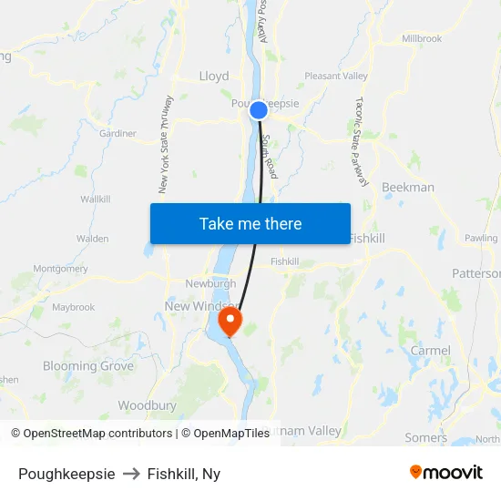 Poughkeepsie to Fishkill, Ny map