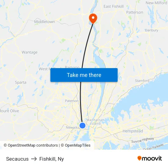 Secaucus to Fishkill, Ny map