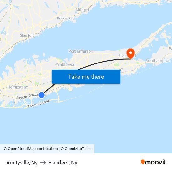 Amityville, Ny to Flanders, Ny map