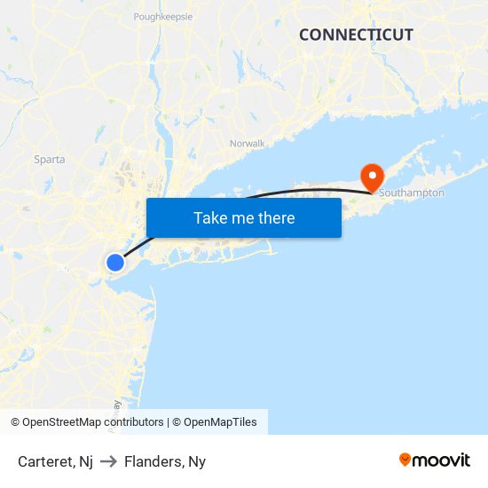 Carteret, Nj to Flanders, Ny map