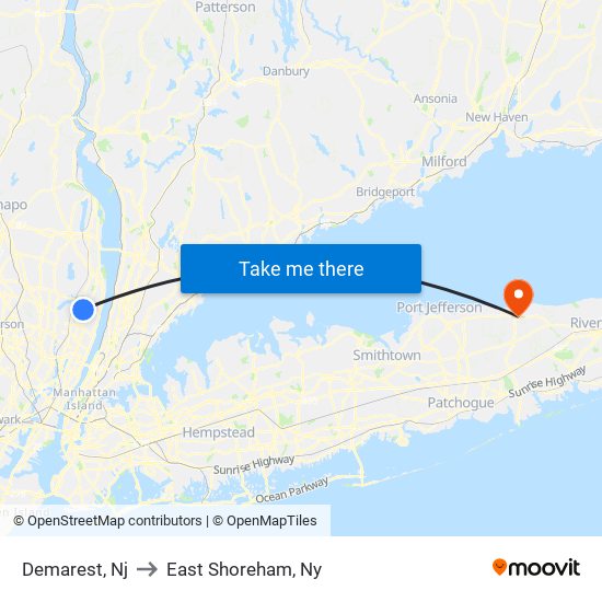 Demarest, Nj to East Shoreham, Ny map