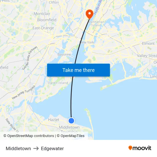 Middletown to Edgewater map