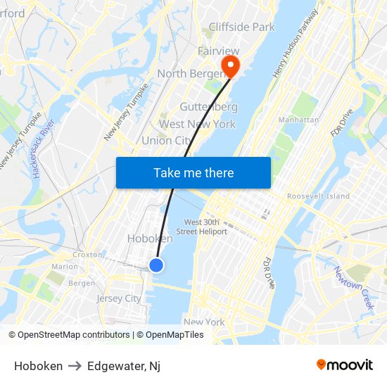 Hoboken to Edgewater, Nj map